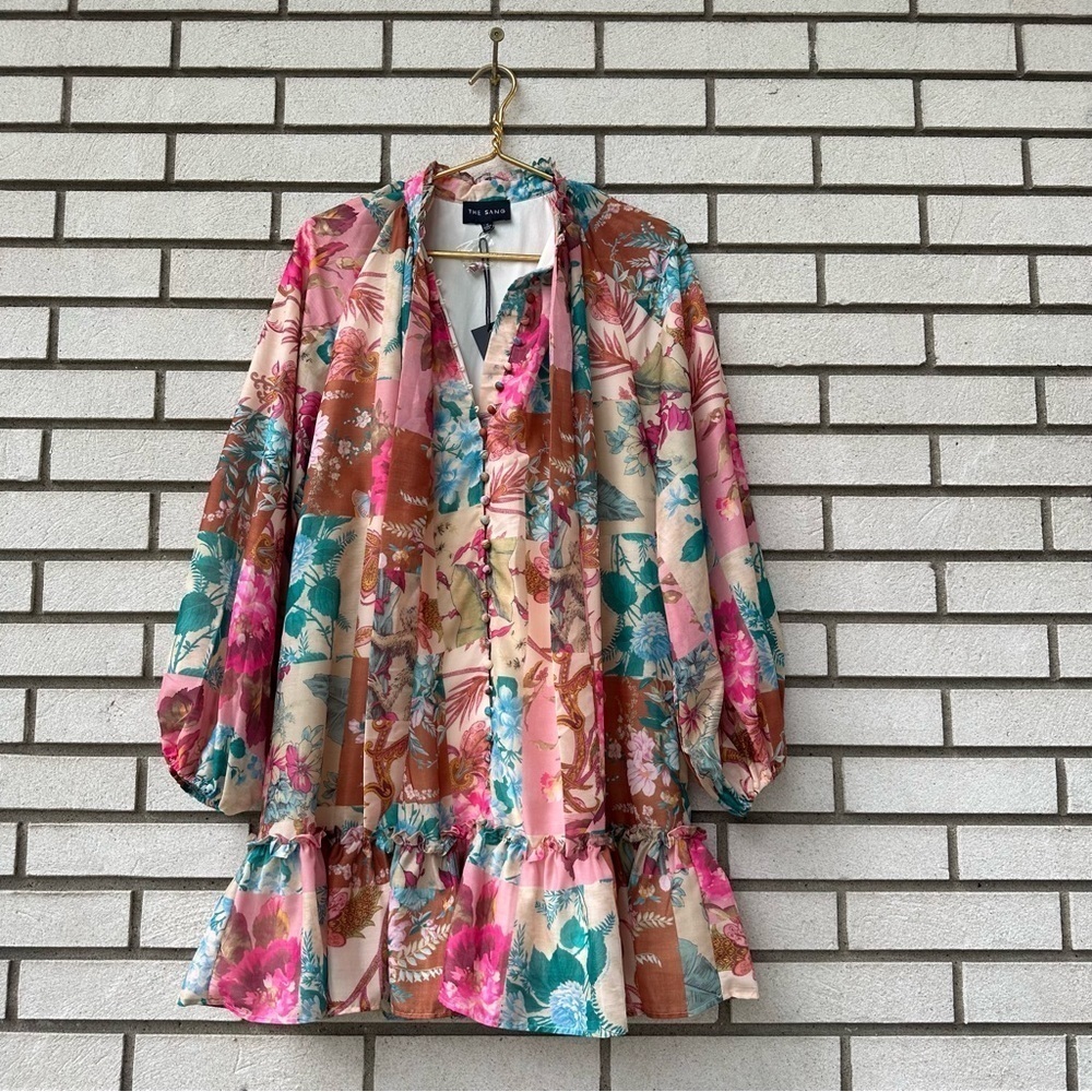 NWT The Sang Patchwork Floral Drop Waist Button Front Mini Dress Pink M